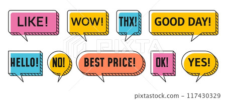 Memphis speech bubbles and chat message clouds with text, vector thin line art. Message bubble frames in Memphis style for Wow, Good Day and Hello, sale best price and Ok with Yes and No expressions Memphis speech bubbles and chat message clouds with text, vector thin line art. Message bubble frames in Memphis style for Wow, Good Day and Hello, sale best price and Ok with Yes and No expressions 117430329