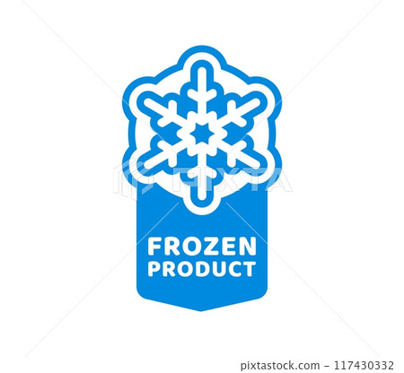 Blue frozen cold product icon, ice crystal label and badge. Isolated vector sticker, features snowflake or frost symbol for packages, refrigerated food production or frosty cold preservation items 117430332