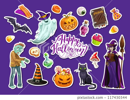 Halloween holiday stickers. Autumn horror holiday monster scrapbook cartoon vector stickers set with ghost, zombie, witch and black cat bat, spellbook, magic potion, dessert treat and pumpkin 117430344
