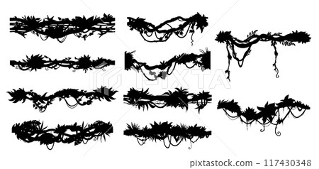 Jungle tropical forest liana vines silhouettes. Isolated vector rainforest tree branches, climbing plant and creeper lianas with leaves. Horizontal vines silhouettes, floral border lines and dividers Jungle tropical forest liana vines silhouettes. Isolated vector rainforest tree branches, climbing plant and creeper lianas with leaves. Horizontal vines silhouettes, floral border lines and dividers 117430348