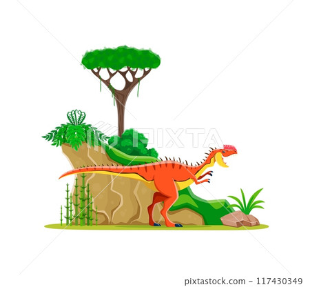 Monolophosaurus cartoon prehistoric dinosaur. Vector colorful dino, roaring carnivorous ancient reptile predator in a lush, vibrant tropical landscape with a tree, green shrubs, rock and ferns 117430349