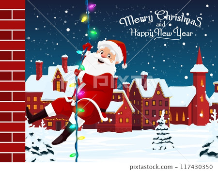 Secret Santa party for Christmas, cartoon Santa hanging on garland, vector banner. Winter holiday Merry Christmas and Happy New Year greeting card with secret Santa and gifts in snowy town Secret Santa party for Christmas, cartoon Santa hanging on garland, vector banner. Winter holiday Merry Christmas and Happy New Year greeting card with secret Santa and gifts in snowy town 117430350