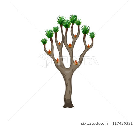 Cartoon jungle rainforest tree. Isolated vector lush exotic plant, rich in vibrant green foliage, sturdy, textured trunk and intricate details. Prehistoric ancient landscape vegetation, biodiversity Cartoon jungle rainforest tree. Isolated vector lush exotic plant, rich in vibrant green foliage, sturdy, textured trunk and intricate details. Prehistoric ancient landscape vegetation, biodiversity 117430351