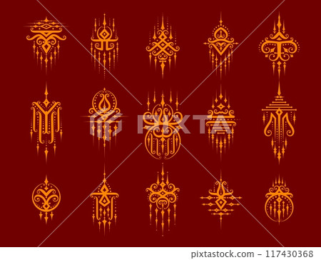 Sacred oriental Thai symbols of Yantra tattoo or Buddha talismans, vector amulets. Thailand mystic art symbols of Sak Yant tattoo with Buddhism esoteric religious ornaments of Thai sacred signs Sacred oriental Thai symbols of Yantra tattoo or Buddha talismans, vector amulets. Thailand mystic art symbols of Sak Yant tattoo with Buddhism esoteric religious ornaments of Thai sacred signs 117430368