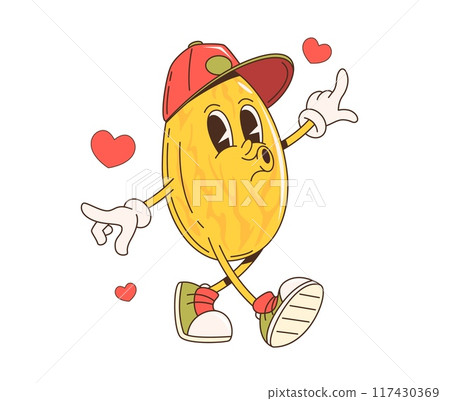 Retro cartoon groovy melon fruit character. Isolated cute vector hippie anthropomorphic food personage carefree walking with a cap, sneakers, and hearts, likely indicating affection or a loving mood Retro cartoon groovy melon fruit character. Isolated cute vector hippie anthropomorphic food personage carefree walking with a cap, sneakers, and hearts, likely indicating affection or a loving mood 117430369