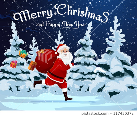 Christmas Santa runs with bag of gifts for winter holiday, cartoon vector background. Funny Santa happy smiling and running with torn bag of gifts in forest with snowflakes for New Year greeting 117430372