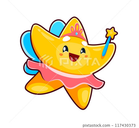 Cute kawaii fairy star character casting spell with magic wand. Isolated cartoon vector cheerful and happy twinkle personage adorned with a diadem, wings and pink skirt radiating magical, playful aura Cute kawaii fairy star character casting spell with magic wand. Isolated cartoon vector cheerful and happy twinkle personage adorned with a diadem, wings and pink skirt radiating magical, playful aura 117430373