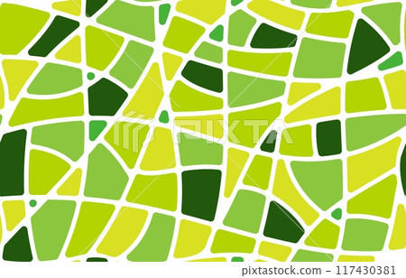 Bright citrus color mosaic floor tile for seamless pattern, vector background. Abstract geometric mosaic pattern of broken tiles or pebbles and ceramic fragments in green colors for tile background 117430381