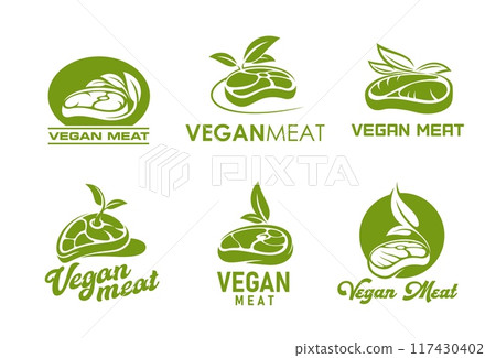 Vegan meat steak icons, vegetable plant protein beef with fresh green leaf vector symbols. Vegetarian food, organic veggie meal, diet nutrition product, vegan restaurant badges with meatless dish 117430402