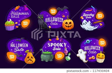 Halloween sale banners and labels. Set of holiday badges with cartoon ghosts, black cat, sweets, pots and pumpkins. Vector spooky promo tags for seasonal discount, festive clearance event and party Halloween sale banners and labels. Set of holiday badges with cartoon ghosts, black cat, sweets, pots and pumpkins. Vector spooky promo tags for seasonal discount, festive clearance event and party 117430404