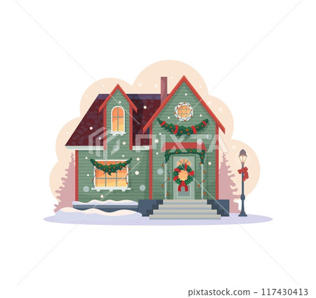 Christmas winter house facade exterior, vector scene of Xmas holiday town street with two storey building, snow trees and lantern. Winter holiday house with Xmas decorations, door wreath and garland Christmas winter house facade exterior, vector scene of Xmas holiday town street with two storey building, snow trees and lantern. Winter holiday house with Xmas decorations, door wreath and garland 117430413