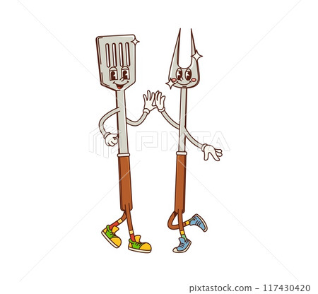 Spatula and fork retro groovy barbeque characters. Isolated cartoon vector happy, anthropomorphic bbq cooking kitchen tool personages with cheerful face expression, friendly and playful grill utensils 117430420