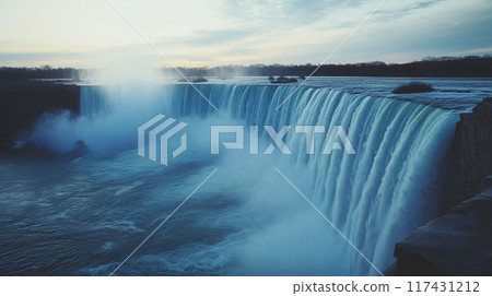 A realistic AI-generated image of the Canadian Falls at Niagara Falls, known for its massive waterfalls 117431212