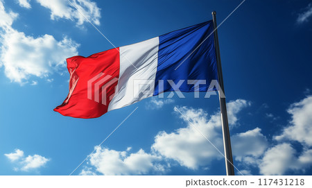 AI 產生的圖像，從向下的角度真實地描繪了法國國旗在藍天飄揚的情景。 117431218