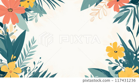 AI-generated image of flowers and leaves in a hand-drawn, flat design, framed style 117431236