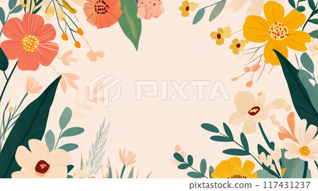 AI-generated image of flowers and leaves in a hand-drawn, flat design, framed style 117431237