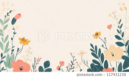 AI-generated image of flowers and leaves in a hand-drawn, flat design, framed style AI-generated image of flowers and leaves in a hand-drawn, flat design, framed style 117431238