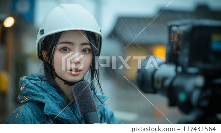 颱風中拿著麥克風的記者 117431564