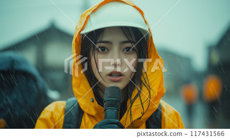 颱風中拿著麥克風的記者 117431566