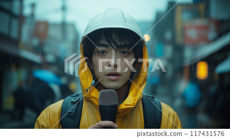A reporter holding a microphone during a typhoon 117431576