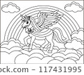 獨角獸在雲彩和彩虹上行走的圖畫書 117431995