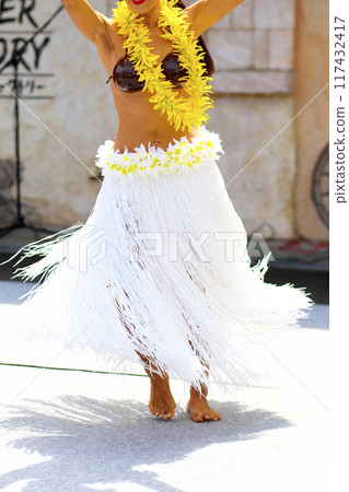 Skirt of a woman dancing Tahitian dance Skirt of a woman dancing Tahitian dance 117432417