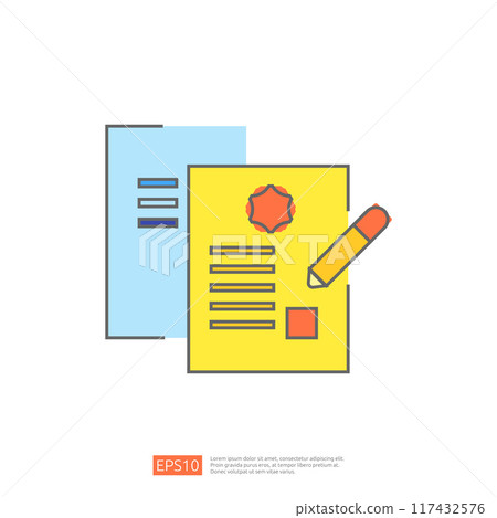 Flat icon illustration of a document with a pencil for editing. Document with a red star and a check box. Perfect for website design, app icon, or presentation. 117432576