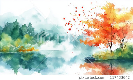 高品質水彩風格秋季風景插畫-寧靜的湖泊和色彩繽紛的秋葉的美麗景色 高品質水彩風格秋季風景插畫-寧靜的湖泊和色彩繽紛的秋葉的美麗景色 117433642