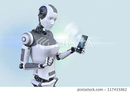 AI humanoid collects information with a smartphone AI humanoid collects information with a smartphone 117433862