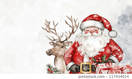 [Christmas design material] Warm watercolor art of Santa Claus and reindeer | High-quality design that can be used during the holiday season 117434014