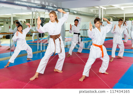 Teenager children wearing karate uniform fighters poses Teenager children wearing karate uniform fighters poses 117434165