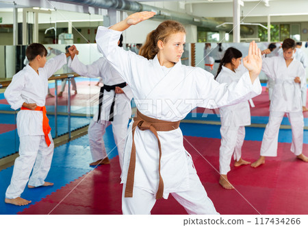 Girls in kimono standing in combat stance in gym 117434266