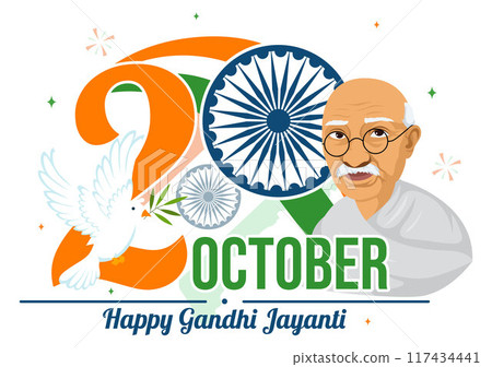 Happy Gandhi Jayanti Day is an Event Celebrated in India on October 2nd, which Marks Gandhi's Birthday in Flat Cartoon Background Vector Illustration 117434441