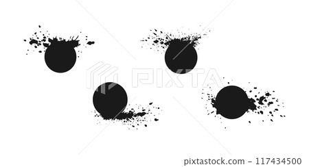 Set of round spots with splashes and drops, design elements, isolated on white background. 117434500