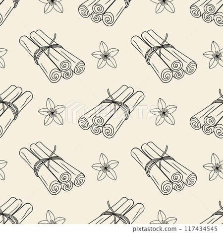 Pattern with cinnamon sticks and vanilla flower doodle outline drawing on pastel beige background 117434545
