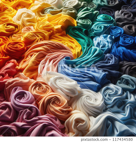 A vibrant assortment of fabric rolls neatly arranged to form a mosaic of colors that blend and 117434580