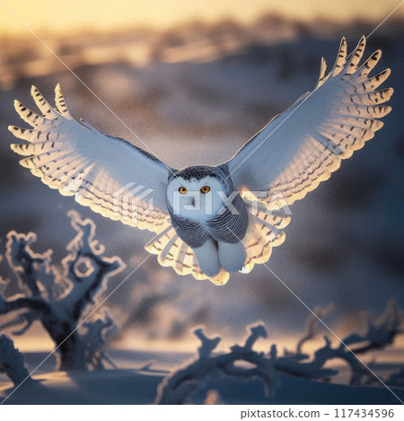A snowy owl with its wings fully spread is seen flying gracefully over a snowy winter landscape at 117434596