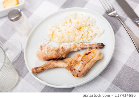 Lunch is served on plate - baked pieces of young rabbit with side dish boiled rice. Lunch is served on plate - baked pieces of young rabbit with side dish boiled rice. 117434686