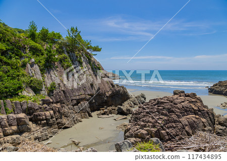 Impressive columnar rocks and the expansive summer sea - Hyuga City, Miyazaki Prefecture 117434895