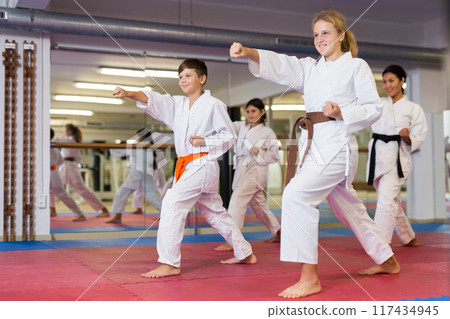 Karate kids doing kata in gym Karate kids doing kata in gym 117434945