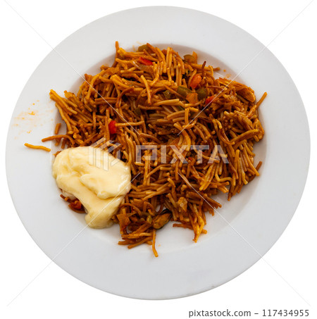 Fideua with seafood served on platter 117434955