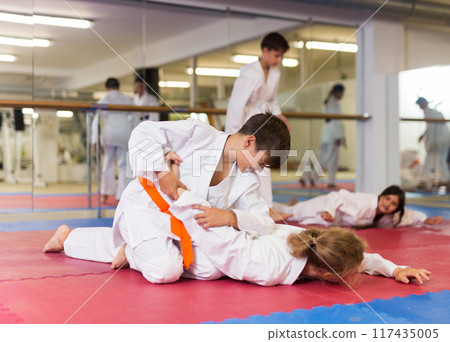 Kids in kimono training in gym 117435005
