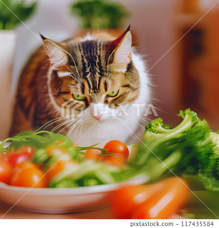 A cat who hates vegetables but tries hard to eat them A cat who hates vegetables but tries hard to eat them 117435584