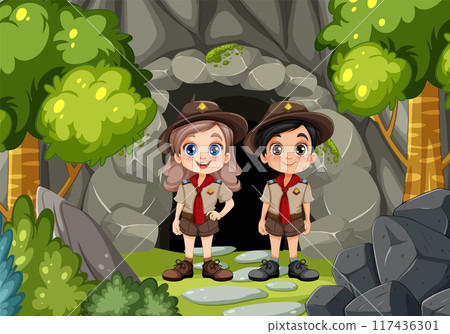 Young Scouts Exploring a Cave 117436301