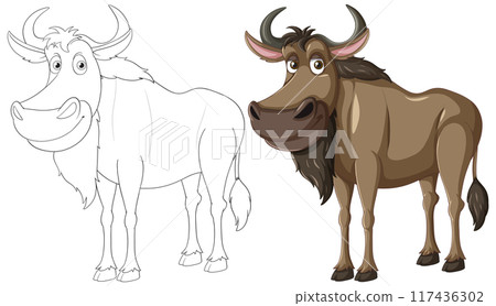 Cartoon Wildebeest Illustration with Outline Cartoon Wildebeest Illustration with Outline 117436302