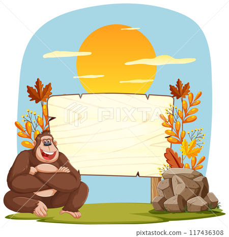 Gorilla with Blank Wooden Sign Gorilla with Blank Wooden Sign 117436308