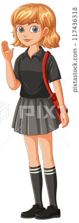 Smiling Schoolgirl Waving Hello Smiling Schoolgirl Waving Hello 117436318