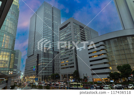 Evening view of the Hanshin Department Store side of the Twin Towers in front of Osaka Station, June 28, Japan 117436518