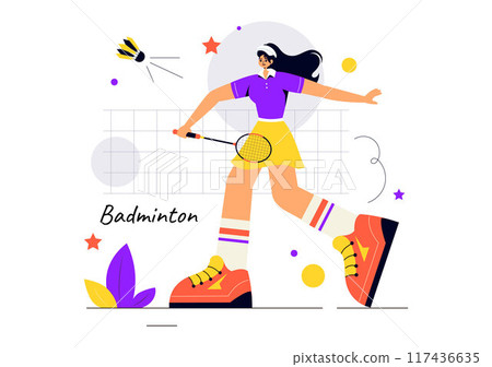 Vector Illustration of a Badminton Player with a Shuttle and Racket on the Court, Competing in the Sport as a Leisure Activity with a Flat Background Vector Illustration of a Badminton Player with a Shuttle and Racket on the Court, Competing in the Sport as a Leisure Activity with a Flat Background 117436635