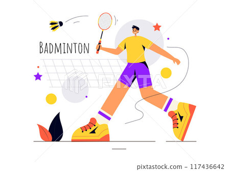 Vector Illustration of a Badminton Player with a Shuttle and Racket on the Court, Competing in the Sport as a Leisure Activity with a Flat Background 117436642